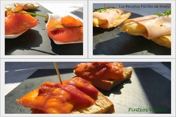 Pintxos Vascos Bacalao con tomate y pimientos Saquitos de Salmón y Rollitos de jamón y Esparragos